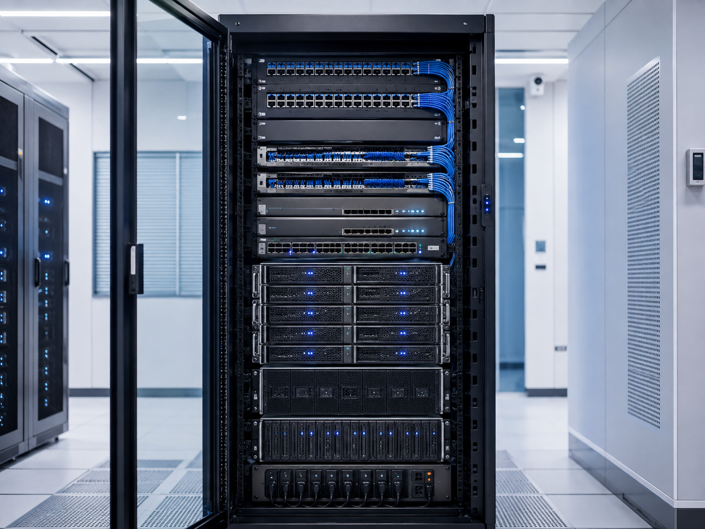 Rack de servidores de TI industrial organizado Guardora